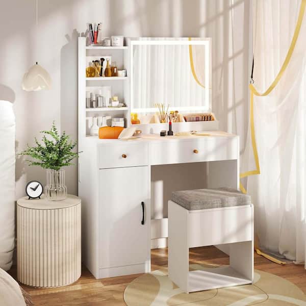 Costway 2-Piece White Makeup Vanity Set Dressing Table and Chair Set with 3 Lighting Modes & Mirror and Lights