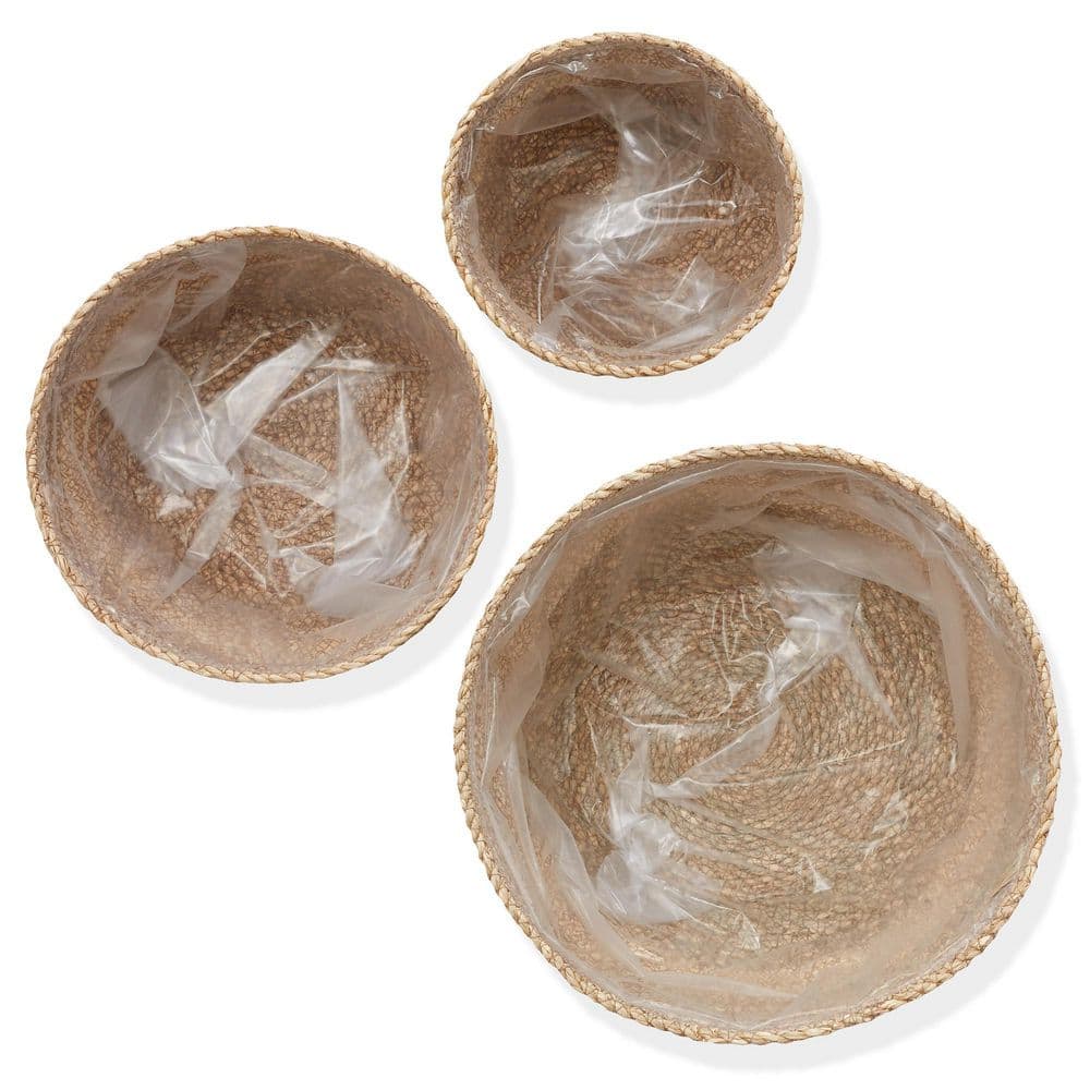 Set of 3 Two-Tone Handwoven Seagrass Planter Baskets with Liners