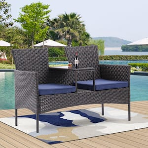 Brown Wicker Outdoor Patio Loveseat with Blue Cushions and Built-in Coffee Table