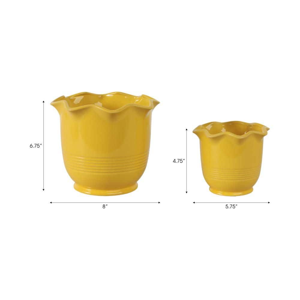 6 in. and 8 in. Yellow Ceramic Round Fluted Decorative Pots (Set of 2)