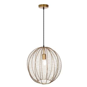 Jennie 40-Watt 1-Light 12 in. Antique Brass Wire-Wrapped Cage Pendant Light with Globe Shade