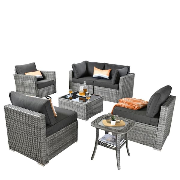 Sanibel Gray 7-Piece Wicker Patio Conversation Sofa Sectional Set with a Swivel Chair and Black Cushions