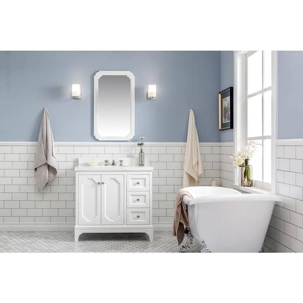 Water Creation Queen 36 in. Bath Vanity in Pure White with Quartz Carrara Vanity Top with Ceramics White Basins and Mirror and Faucet