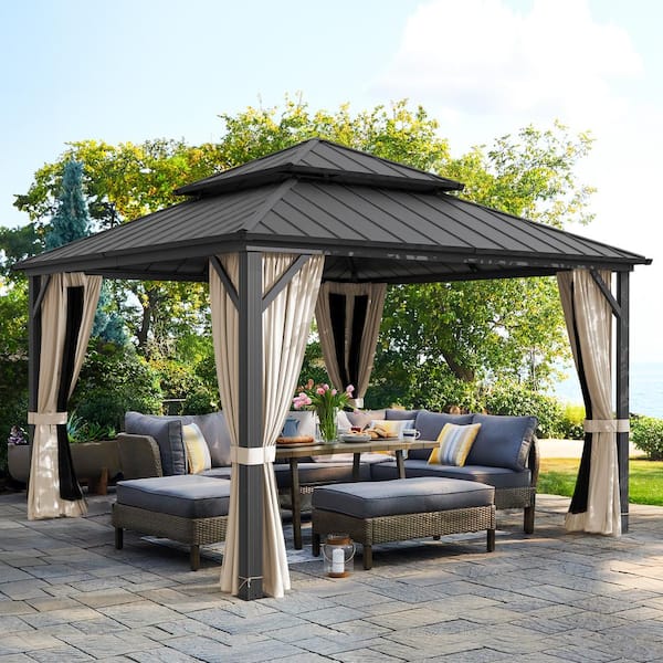 Hampton 12 ft. x 12 ft. Black Hardtop Aluminum Outdoor Gazebo With Galvanized Steel Double Roof Curtain Netting
