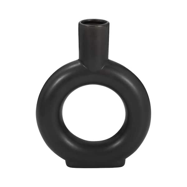 Liv & Skye 9 in. Black Ceramic Round Cut-Out Decorative Vase