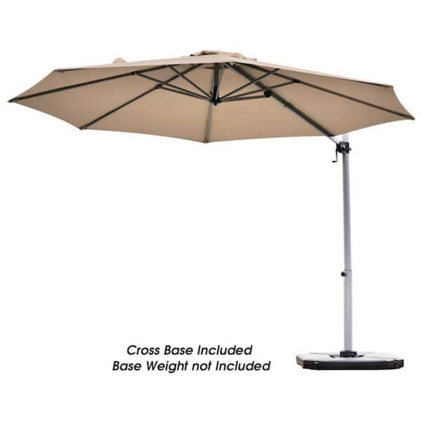 Clihome 11 ft. Aluminum Offset Cantilever 360° Rotation Tilt Patio Umbrella in Tan with 8 Ribs, Crank and Cross Base
