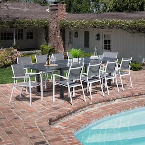 Nova 11-Piece Aluminum Outdoor Dining Set with 10-Sling Chairs in Gray/White 40 in. x 118 in. Expandable Dining Table