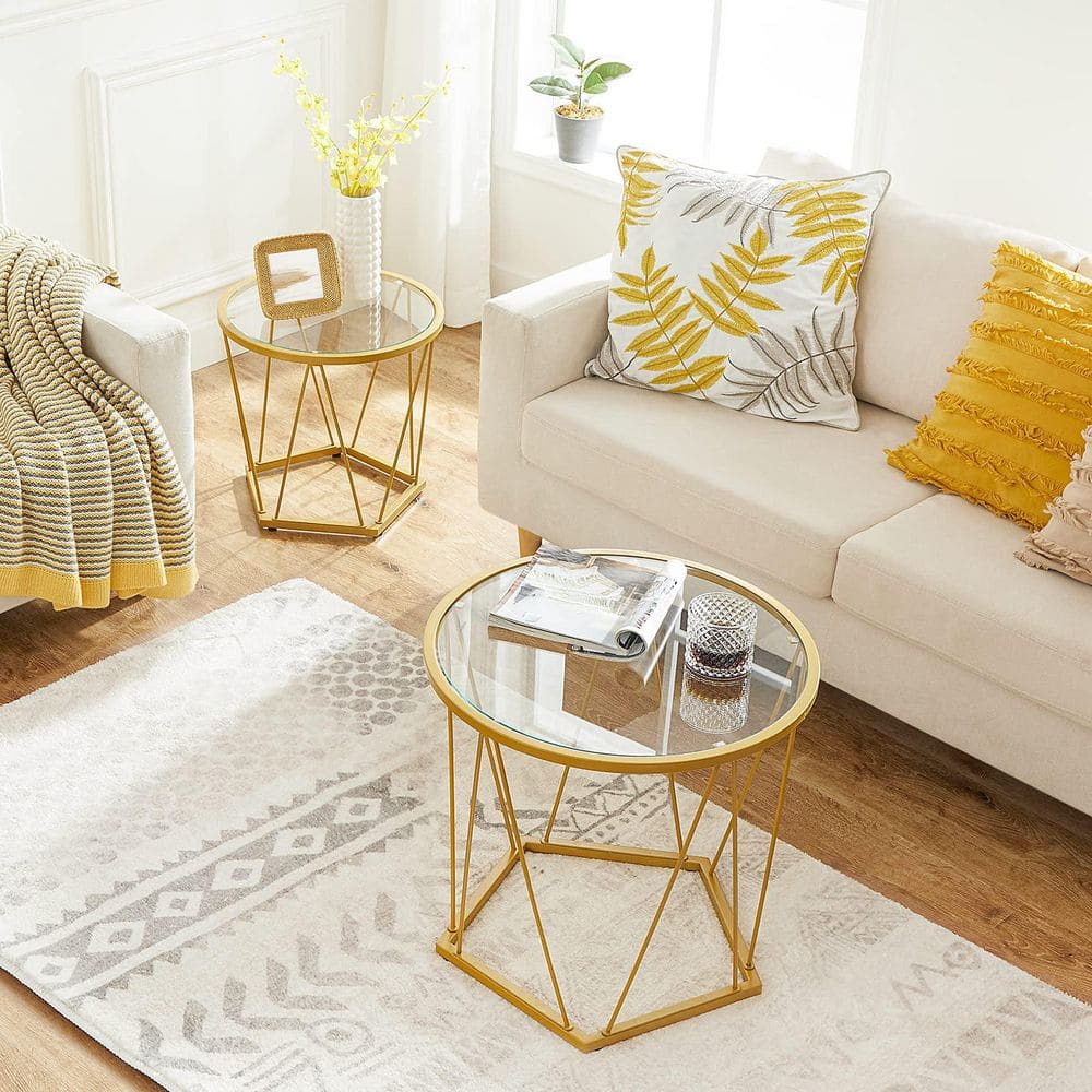 19.7 in. Modern Style Gold Round Glass Small Coffee Table Set with Metal Fr
