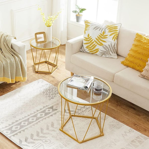 Angel Sar 19.7 in. Modern Style Gold Round Glass Small Coffee Table Set with Metal Frame for Living Room, Balcony (2-Pack)