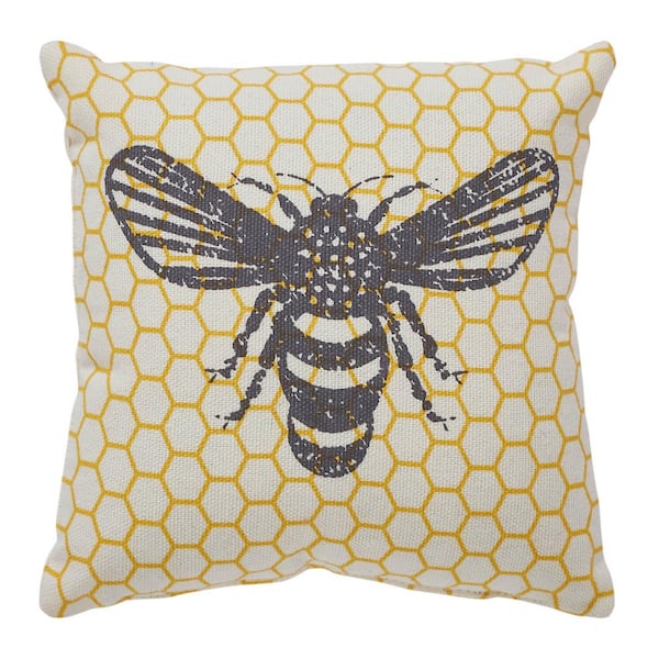 VHC BRANDS Buzzy Bees Yellow Antique White Grey Bee 6 in. x 6 in. Throw Pillow