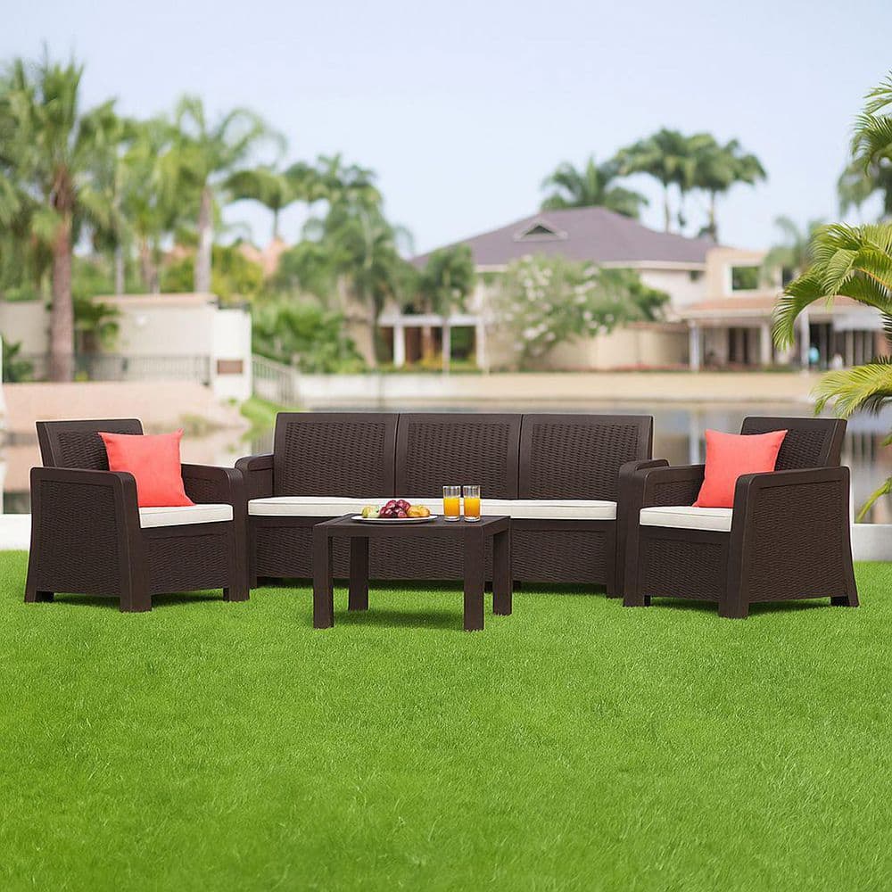 4-Piece Sofa Patio Set with Beige Cushions P500-WEN - The Home Depot