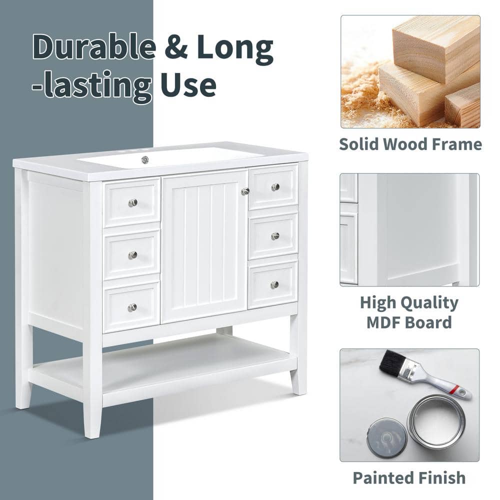 36" White MDF and Ceramic Single Sink Bathroom Vanity with Drawers