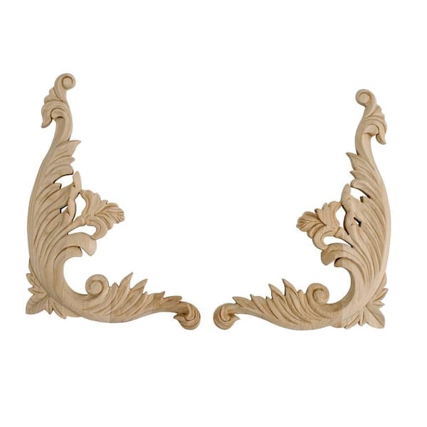 American Pro Decor 12 in. x 9-1/8 in. x 5/8 in. Unfinished Large Hand Carved North American Solid Alder Wood Onlay Acanthus Wood Scroll