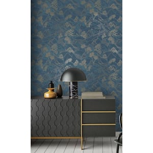 Navy Tropical Oriental Metallic-Shelf Liner Non-Woven Wallpaper Non-Pasted (57 sq. ft.) Double Roll
