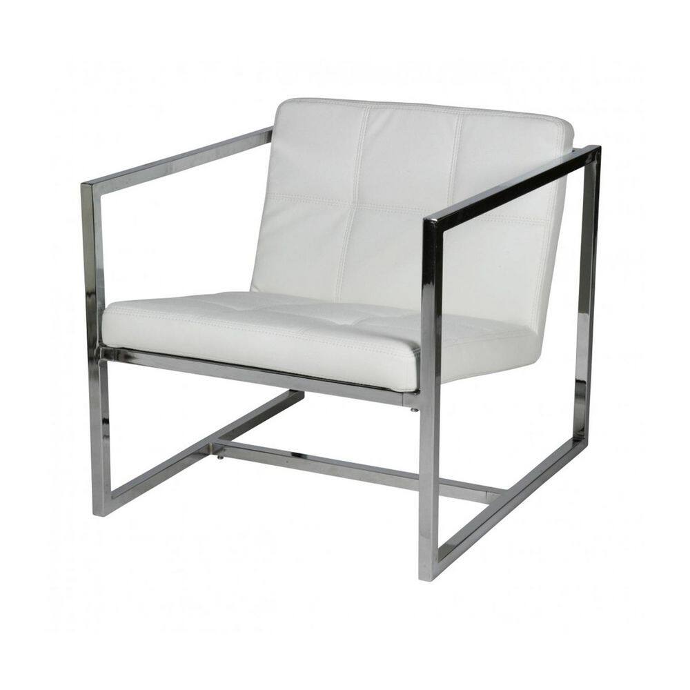 White faux leather arm chair with a polished chrome metal frame.