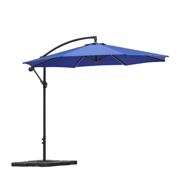 Bayshore Outdoor 10 ft. Hanging Offset Cantilever Patio Umbrella with Easy Crank Lift and Base Weights in Royal Blue