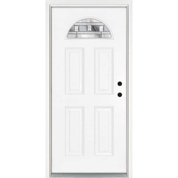 MP Doors 32 in. x 80 in. Left-Hand Inswing 1/4 Fan Lite Savana Decorative Glass White Finished Fiberglass Prehung Front Door