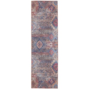 Blue and Red 2 ft. x 10 ft. Geometric Power Loom Distressed Washable Runner Rug