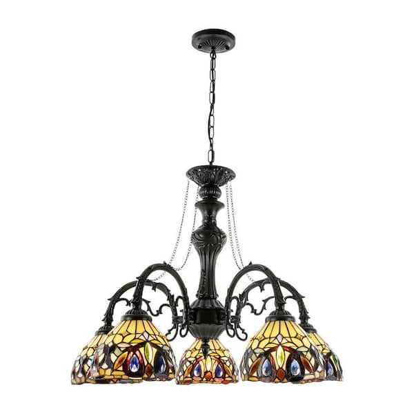5-Light Colorful Retro Chandelier with Multicolored Glass Shade and Adjustable Height for Living Room, No Bulbs Included
