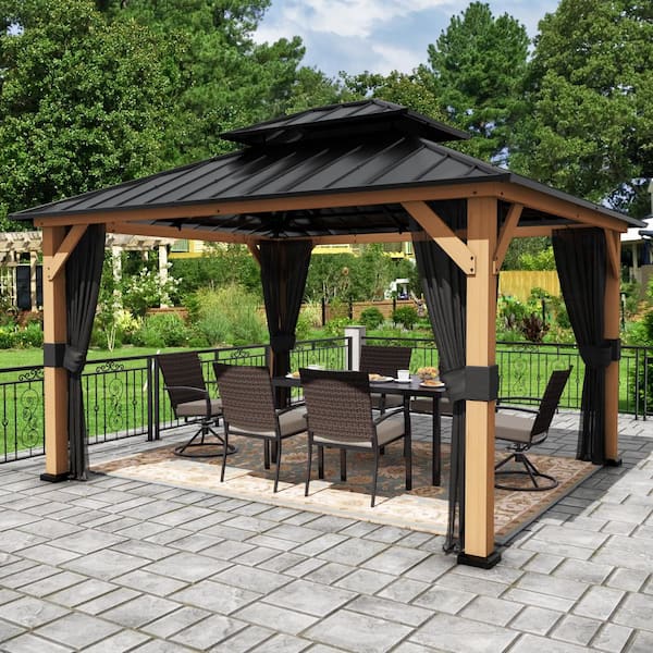 Gardenbee Spruce Wood 13 ft. x 11 ft. Outdoor Hardtop Gazebo wuth Double Galvanized Steel Roof Gazebo and Mosquito Netting