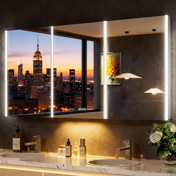 Aura 72 in. W x 30 in. H Rectangular Aluminum Surface/Recessed Wall Medicine Cabinet with Mirror and Light, Dimmable