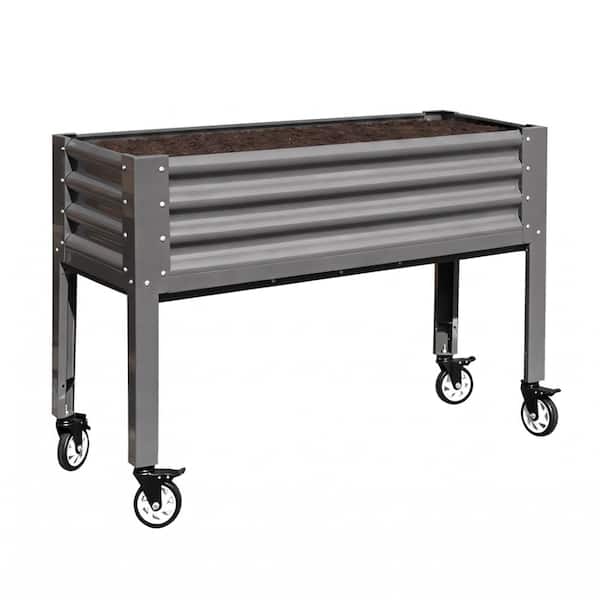Grey Elevated Raised Garden Bed with Lockable Wheels, 48x18x35 in Galvanized Steel Planter Box with Legs,