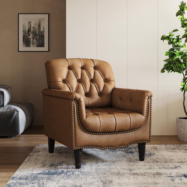 Uixe Mid-Century Light Brown Faux Leather Button Tufted Accent Arm Chair with Wood Legs (Set of 1)