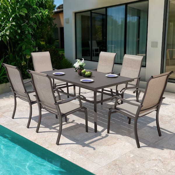 Gray 7-Piece Textilene and Metal Rectangle Outdoor Dining Set with Umbrella Hole