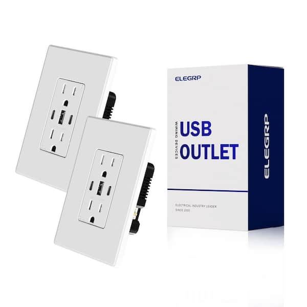 30W 6.0 Amp 3-Port USB Wall Outlet, 15A Duplex Receptacle w/Dual Type C & A Ports,UL Listed, w/Wall Plate,Matte WH 2PC