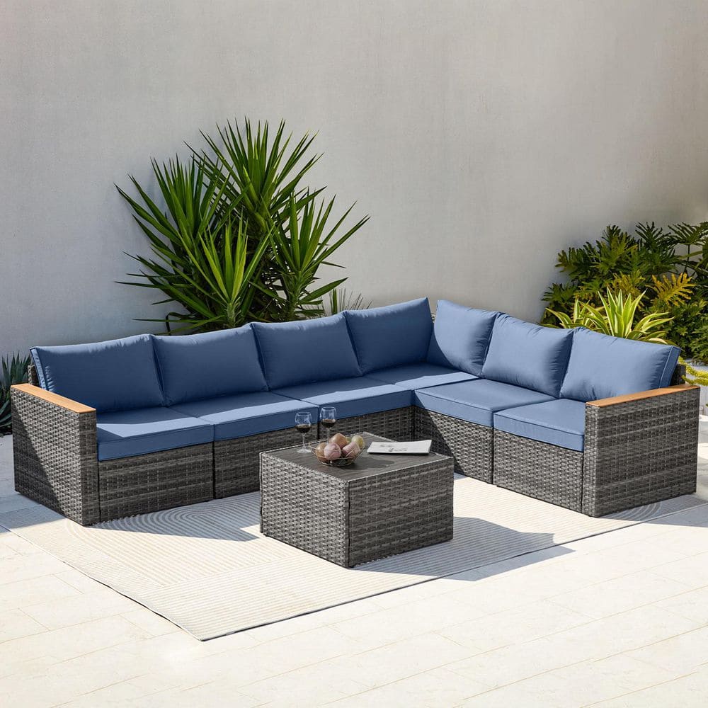 Grey 7-Piece Wicker Outdoor Sectional Set with Light Blue Cushions and Tabl