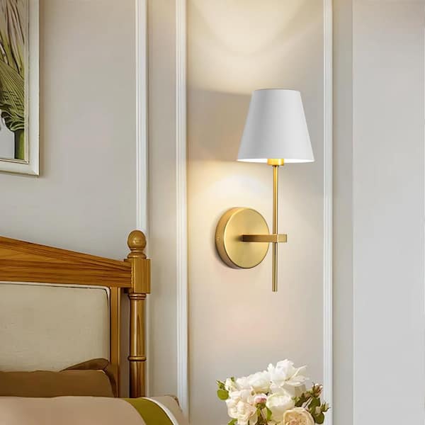 Aurelia 5.9 in. 1-Light Modern Brushed Gold Wall Sconce with White Cone Metal Shade for Bathroom Bedroom Hallway