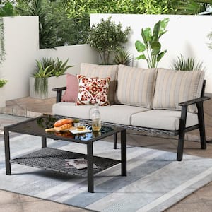 Xavier Gray 2-Piece Wicker Outdoor Patio Conversation 3-Seat Sofa with Beige Cushion and Table