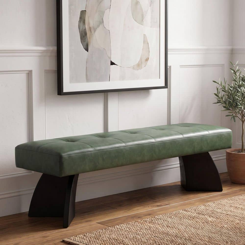 Qacha 63.19 in. Green PU Upholstered Bench with Black Stylish Curved Legs