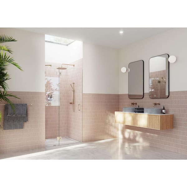 Halo 35.5 in. W x 78 in. H Glass Hinged Frameless Shower Door in Brushed Bronze with Clear Glass