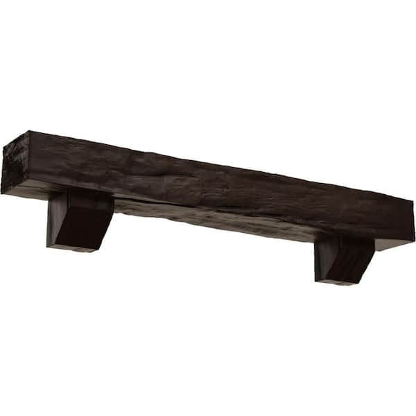 Ekena Millwork 4 in. x 8 in. x 5 ft. Riverwood Faux Wood Beam Fireplace Mantel Kit, Ashford Corbels in Natural Mahogany