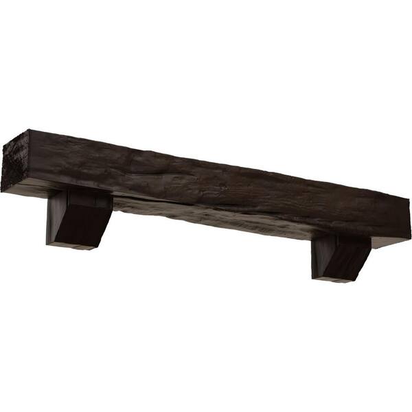 Ekena Millwork 8 in. x 8 in. x 5 ft. Riverwood Faux Wood Beam Fireplace Mantel Kit, Ashford Corbels in Natural Mahogany