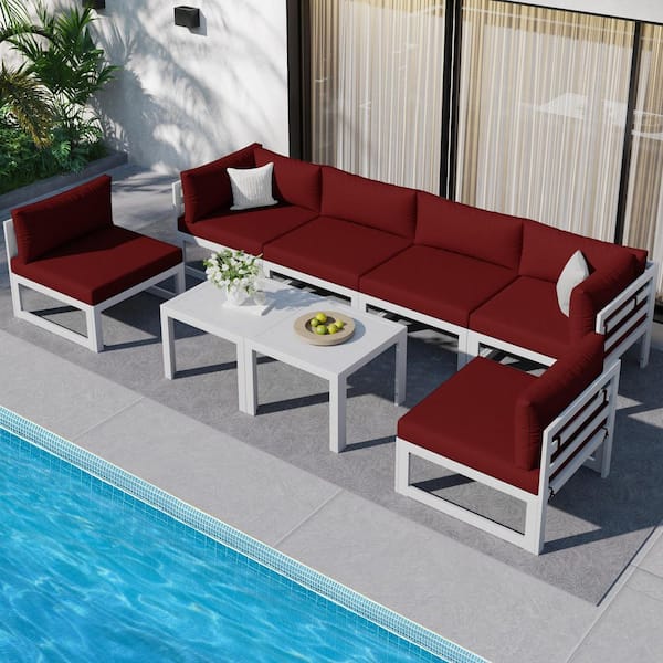 Unbranded White 8-Piece Aluminum Outdoor Patio Conversation Sectional Deep Seating Sofa Set with Tables and Red Cushions