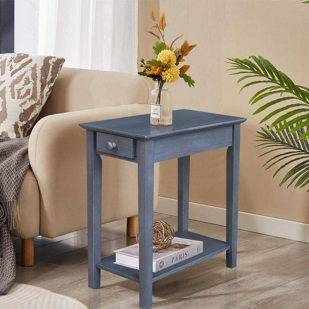 Ocean Blue Traditional Elegant Solid Parawood End Table with Storage