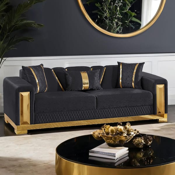 Jayda 92 in. Soft Curved Square Arms Polyester Upholstered Fabric Rectangular Sofa in Black and Gold with Tight Back