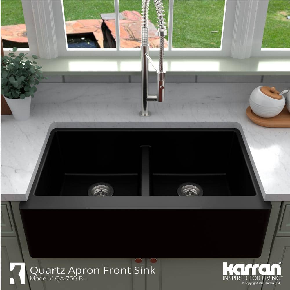 Brown Quartz Double Bowl Farmhouse Apron Front Kitchen Sink Kit