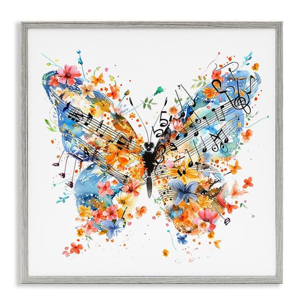 Stupell Industries Song Notes Butterfly by LSR Design Studio Gray Framed Animal Giclee Art Print 17 in. x 17 in.