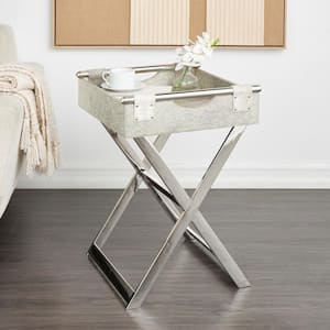 19 in. Gray Tray Table Inspired Geometric Large Square Leather End Table with Silver Metal Base and Handles
