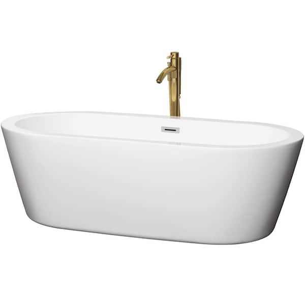Wyndham Collection Mermaid 71 in. Acrylic Flatbottom Bathtub in White with Polished Chrome Trim and Brushed Gold Faucet