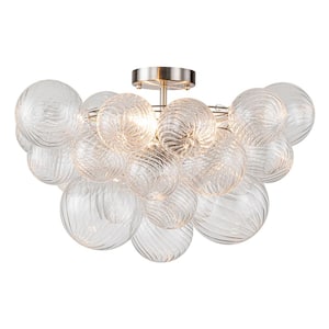 Neuvy 19 in. W 3-Light Nickel Cluster Semi-Flush Mount Chandelier with Grape Swirled Glass Shades for Dining/Living