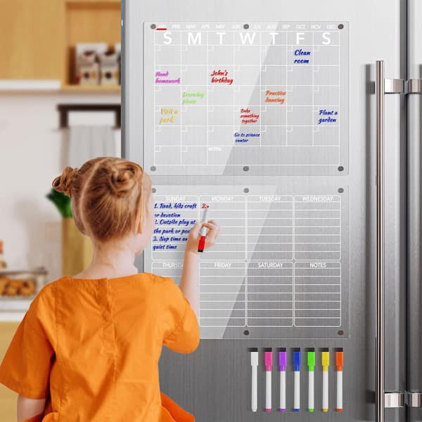 1-Pack Acrylic Magnetic Dry EraseBoard Calendar for Fridge Clear Monthly and Weekly Planner  8-Markers, 15 in. x 11 in.