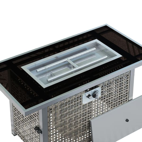 Nestfair Grey 43 in. 60000 BTU Rectangular Wicker Outdoor Propane Gas Fire Pit Table with Glass Wind Guard