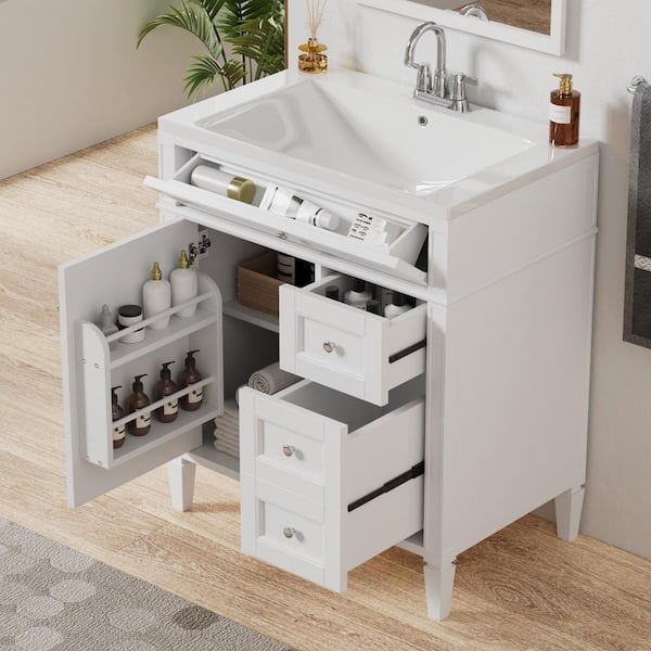 Tenleaf 30 in. W Single Sink Bath Vanity in White with White Resin Top, Storage Cabinet with 2-Drawers and a Tip-out Drawer