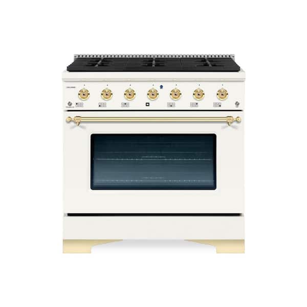 Hallman Classico 36" 5.2 cu. ft. 6-Burners Freestanding All Gas Range with Gas Stove and Gas Oven, Antique White with Brass Trim