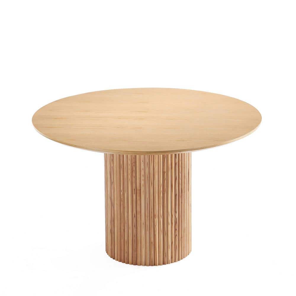 Natural Wood Round Dining Table with Ribbed Pedestal Base, 47.24"