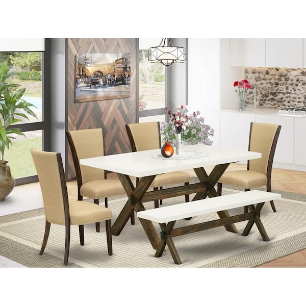 East West Furniture 6-Piece Rectangle Distressed Jacobean Finish Solid Wood Top Dining Table with 1-Bench, 4-Chairs with Lattice Back